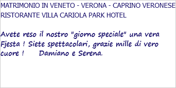 MATRIMONIO IN VENETO - VERONA - CAPRINO VERONESE RISTORANTE VILLA CARIOLA PARK HOTEL Avete reso il nostro "giorno speciale" una vera Fjesta ! Siete spettacolari, grazie mille di vero cuore ! Damiano e Serena. 